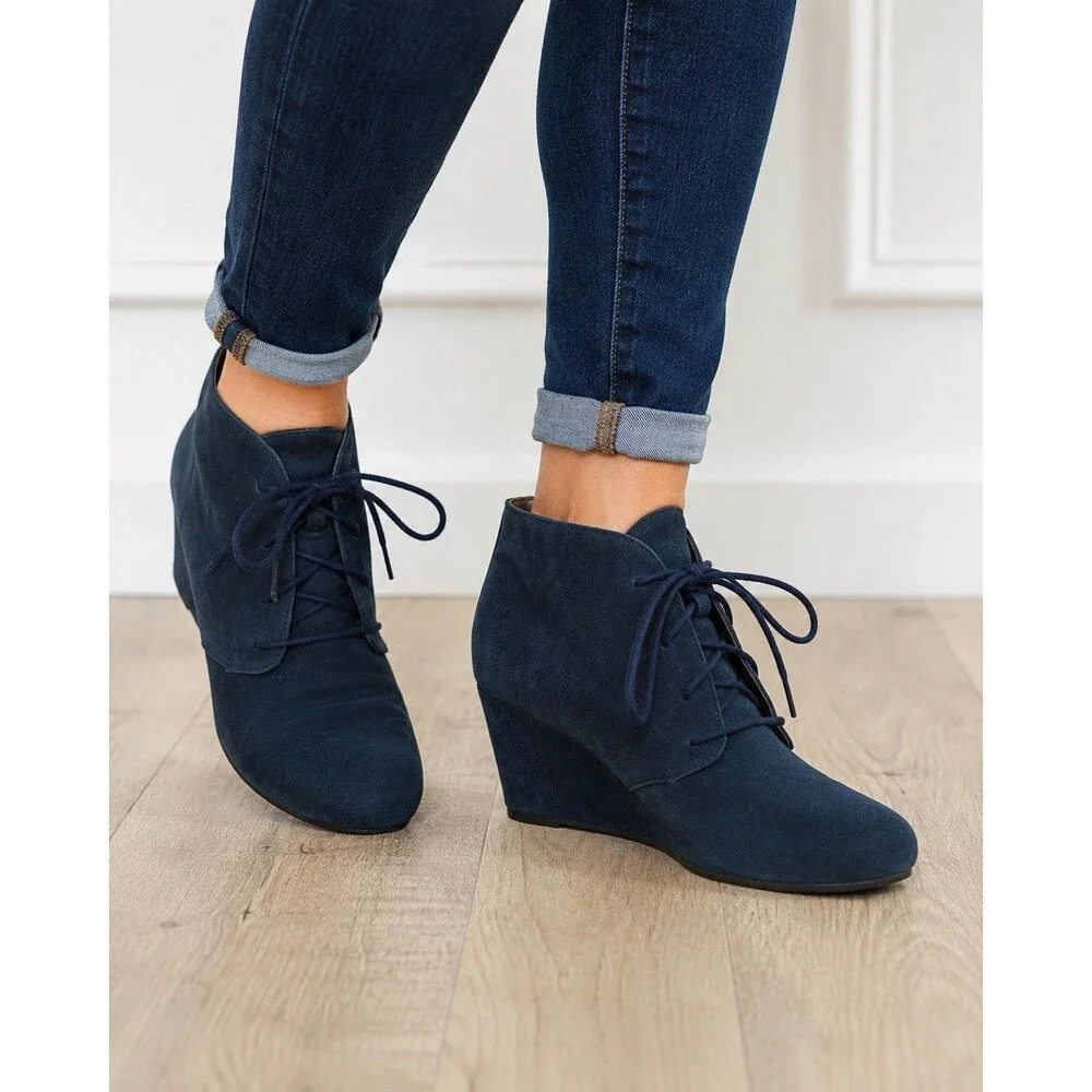 Vionic Becca Navy Suede Lace Up Wedge Ankle Booties Women’s Size 8